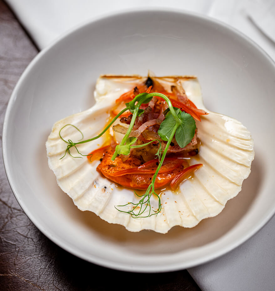 A dish beautifully presented inside a shell